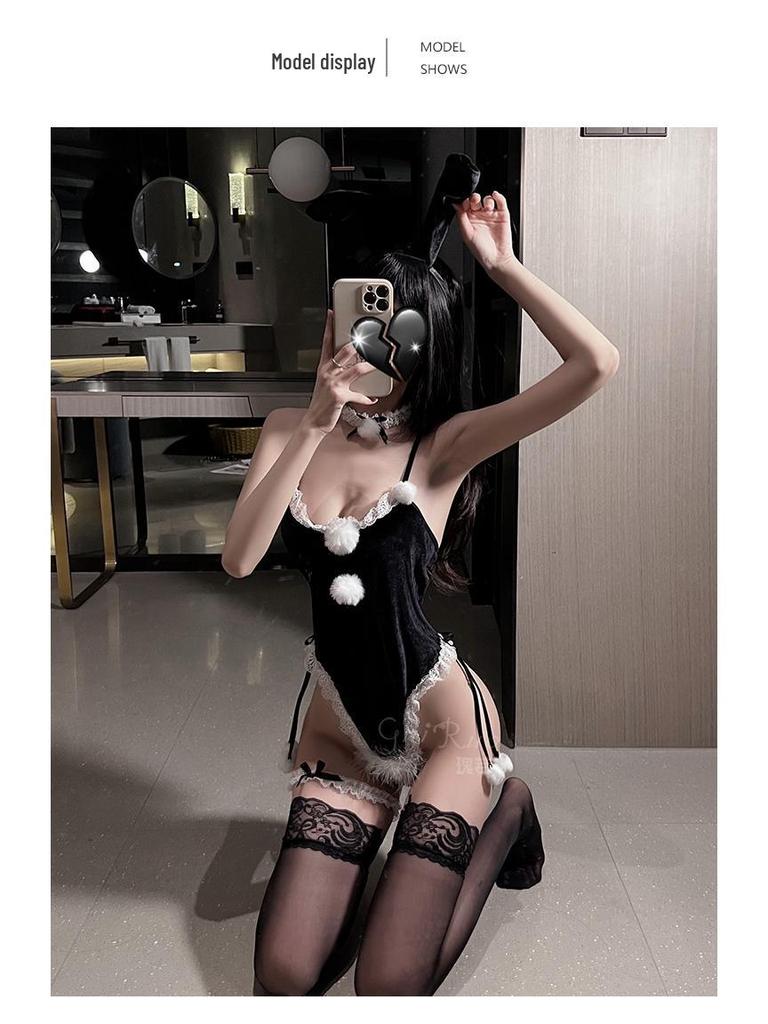 Velvet Bunny Girl Sexy Lingerie Bodysuit - Plush, Patchwork, Open Back Christmas Uniform Set for Women 1405