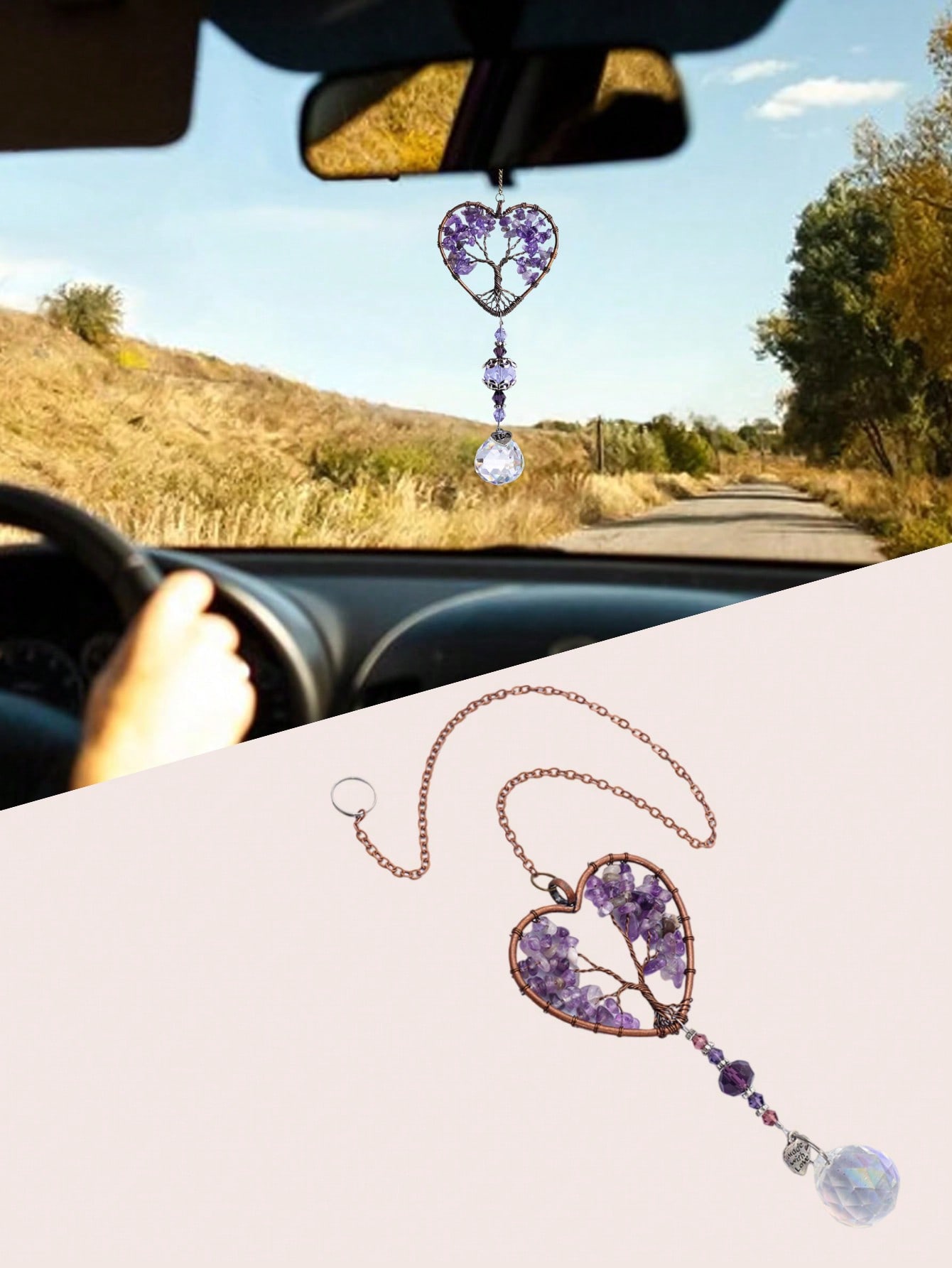 

Heart Amethyst Tree of Life Car Ornament | Natural Crystal Pendant, Faceted Sun Catcher for Rearview