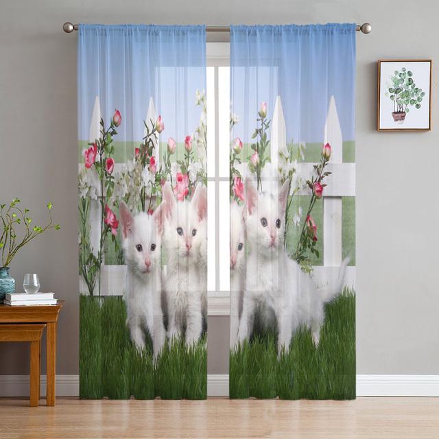 Cartoon Animal Cat Sheer Voile Curtains For Living Room Bedroom Printed Tulle Window Curtain Luxury Home Balcony Decor Drapes