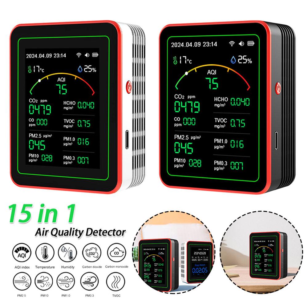 WiFi 15-in-1 Portable AQI PM0.3 PM1.0 PM2.5 PM10 Tester TFT Display Household CO CO2 TVOC HCHO Tester APP Control CO2 Detector