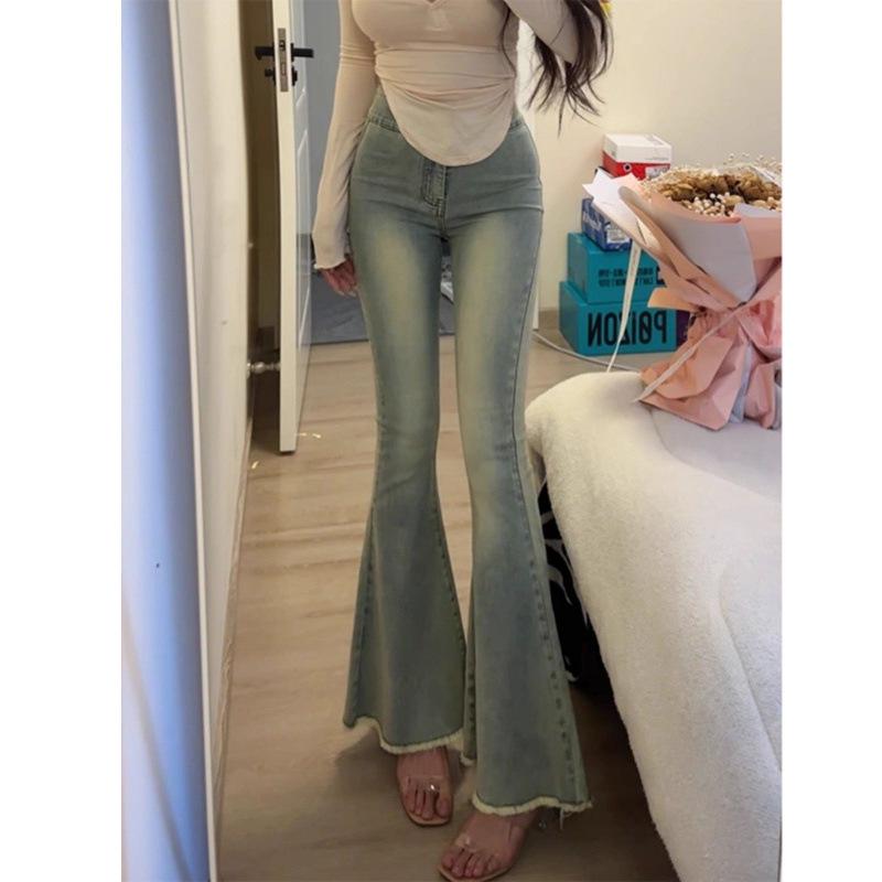Retro High-Waisted Fishtail Flare Jeans - Women s Slimming Stretch Raw Hem Wide-Leg Pants X-Large ретро синий