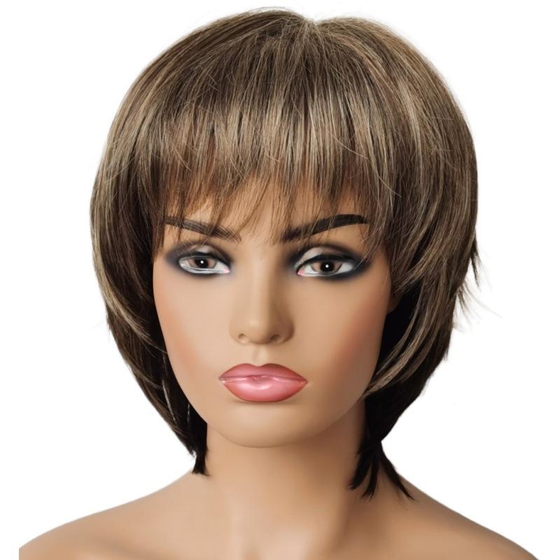 Women's Fashion Front Lace Short Mixed Color Straight Wig with Air Bangs