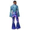 Mens Flashy Disco Jumpsuit Flared Sleeves Turn Down Collar Stylish Printed Bodice Metallic Bell Bottom Bodysuit