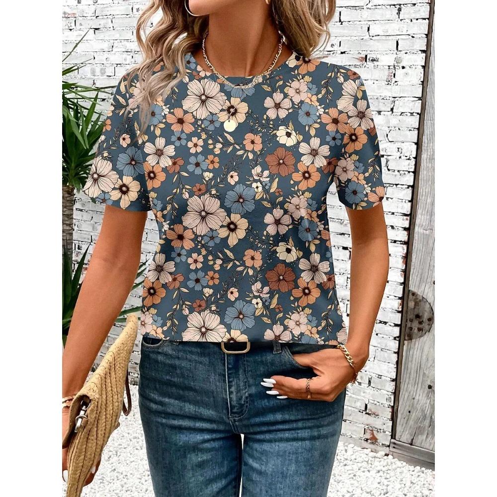Summer Outdoor Floral Print Women's T-shirt Casual Round Neck Short Sleeve Top Street Fashion Oversize T-shirt Y2k Ladies Clothe
