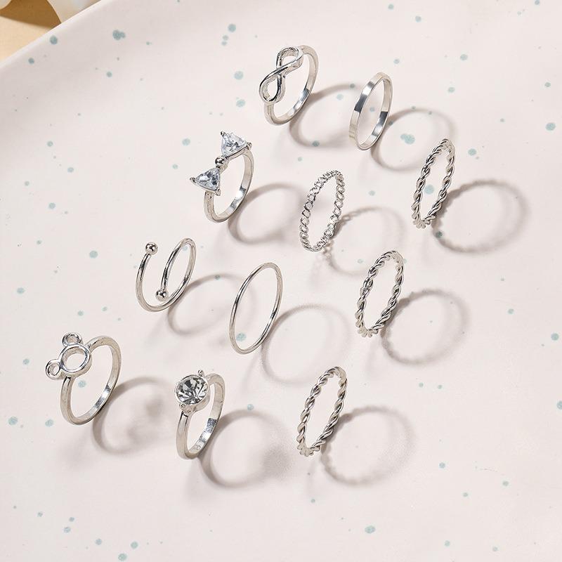 Wind Ring Women's Niche Premium Diamond Cartoon Ring Set Bow Ring Silver