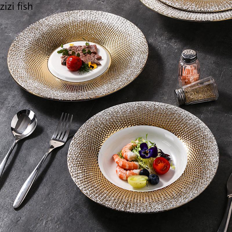 Golden Ceramic Dining Plate Pasta Dish Steak Plates Grass Hat Soup Plate Dessert Bowl Serving Plates Fruit Salad Bowl Sushi Dish