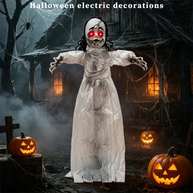 Sound Activated Halloween Figure with Walking Girl Character, White Dress Styling and Red Light Face Detail for Entryway Seasonal Display