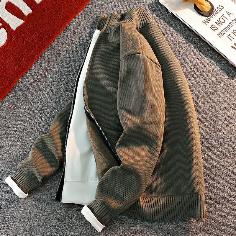 Men's Stand Collar Knitted Cardigan: Autumn/Winter Style, Trendy Youth, Velvet-Lined, Thick Sweater Coat.