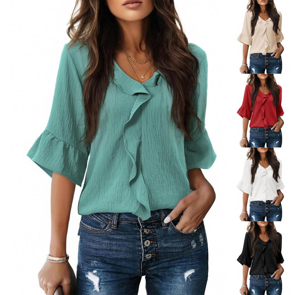 Women's Fashionable Color V-neck Seven Quarter Sleeve Pleated Casual Pullover Top