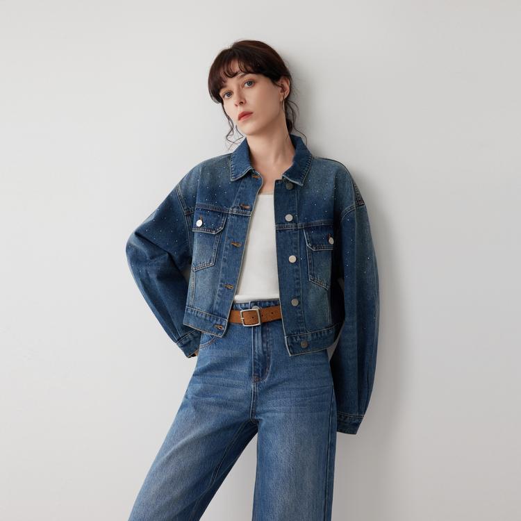 Elle French Style Rhinestone Fashion Design Casual Loose Versatile Long Sleeve Denim Jacket Women jackets L8AFS176