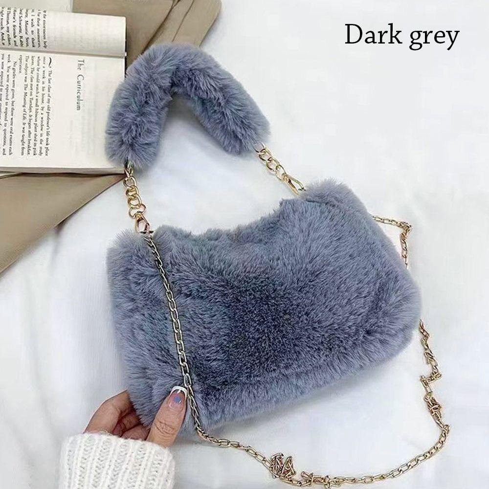 Fashi Women Fluffy Shoulder Bags Female Winter Chain Underarm Bag Solid Color Handbag Soft Plush Handle Bag