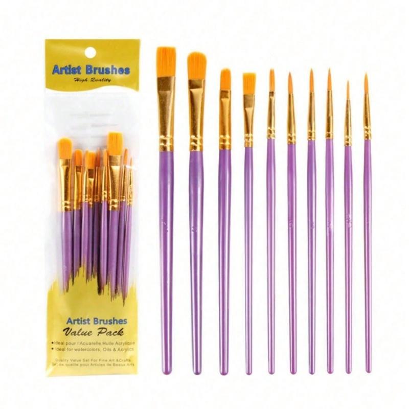 10pcs 2025 New Plastic Handle 10 Pieces Painting Brush Set, Hand Painting, Art Brushes Set / Slight Glue Overflow Is Inevitable