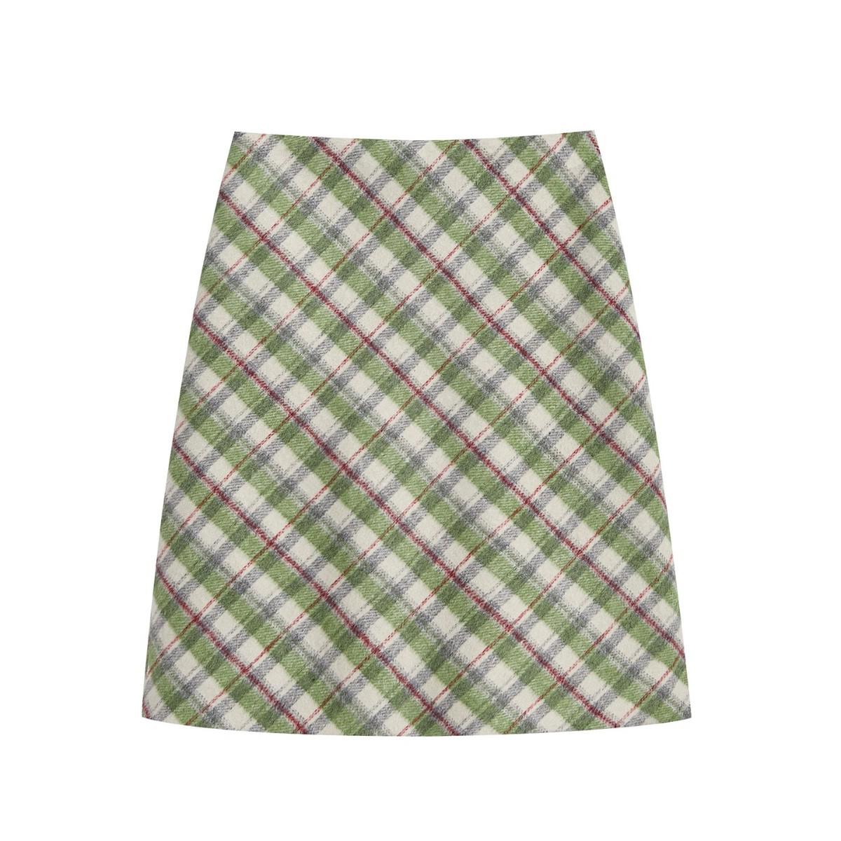 

2025 A/W High-Waisted Retro Green Plaid Wool Midi Skirt M