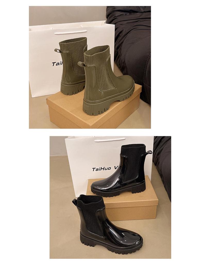 2025 Women's Fashion Elastic Band Waterproof Rain Boots - Thick Sole, Solid Color, Non-Slip & Versatile Casual Galoshes