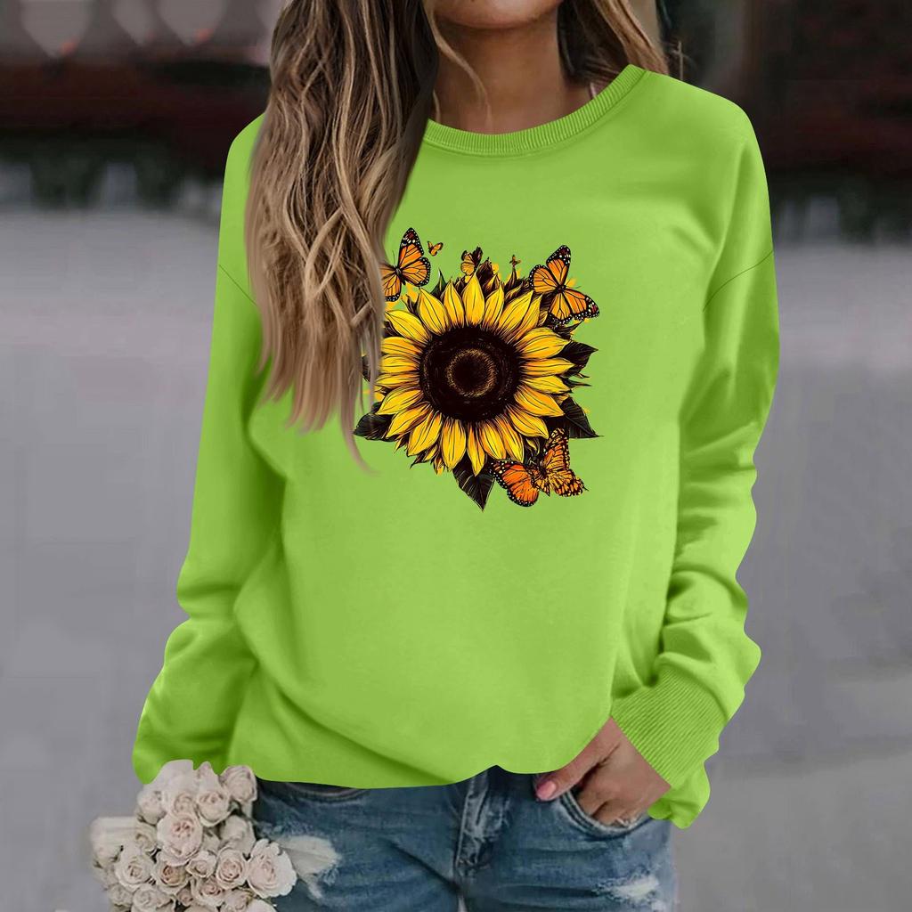 Sweat-shirt décontracté à manches longues et col rond pour femme, couleur unie, imprimé