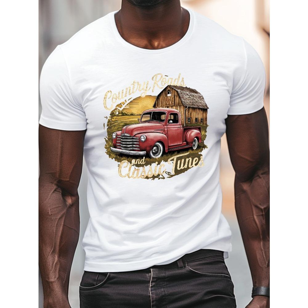 European sizes Men's summer t-shirt, Truck barn graphic print short sleeve tees trend casual tops for daily life, big & tall guys