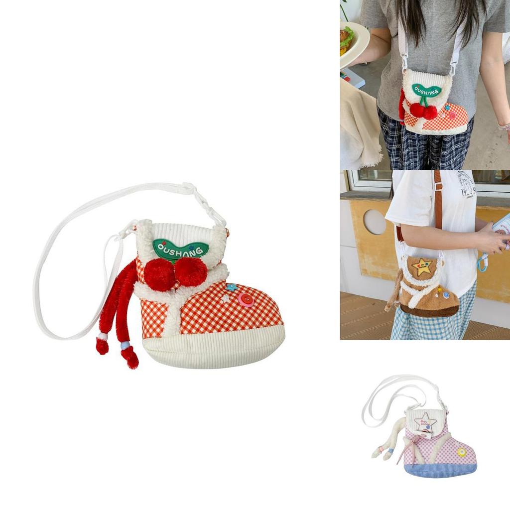 Plush Cartoon Shoe Shaped Shoulder Bag For Girls With Zipper Closure And Inner Pouch