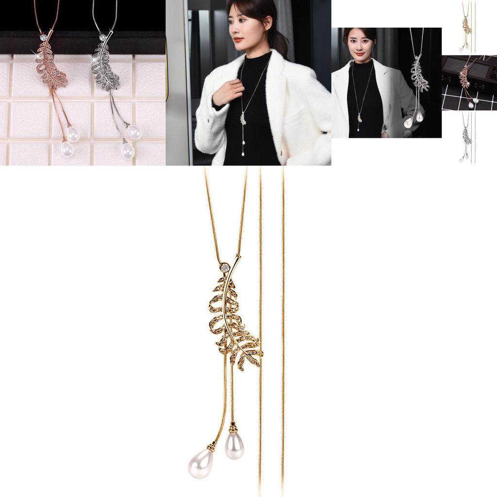 Modische geometrische Titanstahl-Halskette mit einzigartigen Feder- und Perlenakzenten