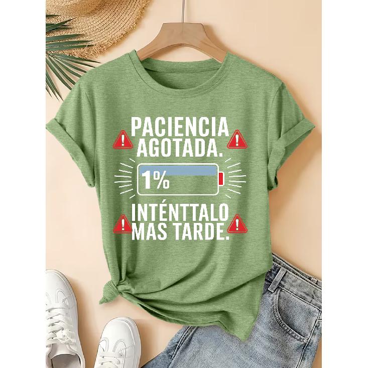 "Power" Spanish slogan printed pattern short-sleeve vintage distressed round neck T Fresh and natural style loose-fitting shirt 2026 Elegant spring