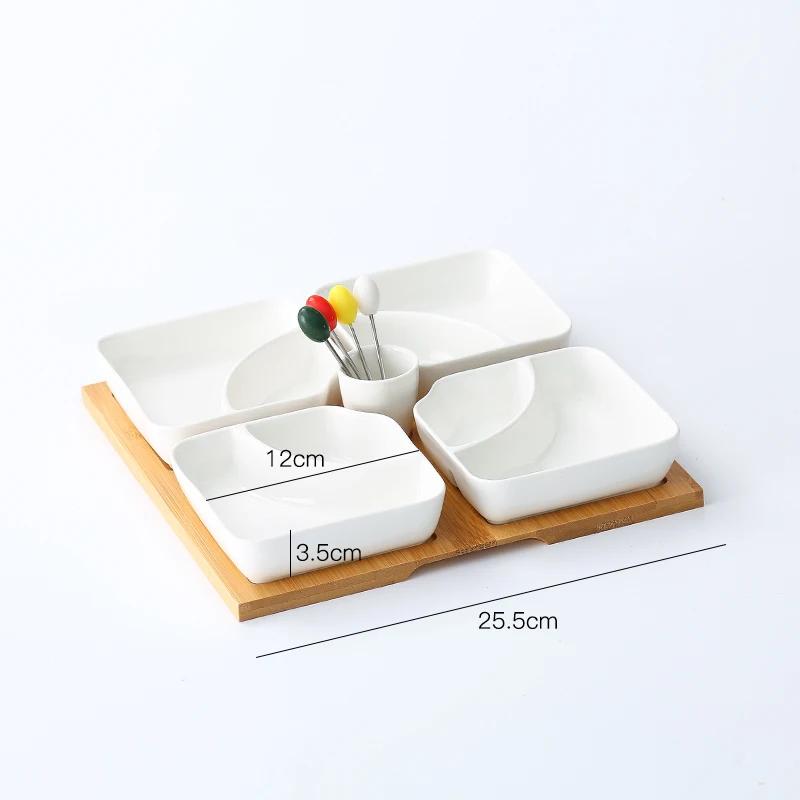Multi Grid Ceramic Fruit Platter Wooden Tray Snacks Dessert Plates Home Tableware Dried Nut Candy Kitchen Accessories