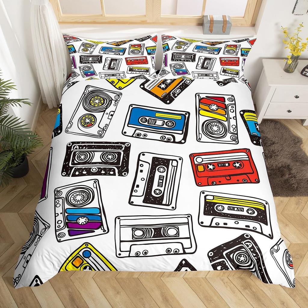 Cassette Tape Duvet Cover Twin Queen Vintage 80S 90S Memphis Comforter Cover Geometric Checkered Triangle Lightning Bedding Set