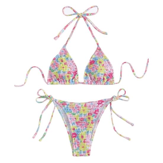 2 sztuk/zestaw kobiety kolorowy nadruk trzypunktowy sznurowany dekolt w serek plisowany bezprzewodowy miękki odsłaniający strój kąpielowy bikini