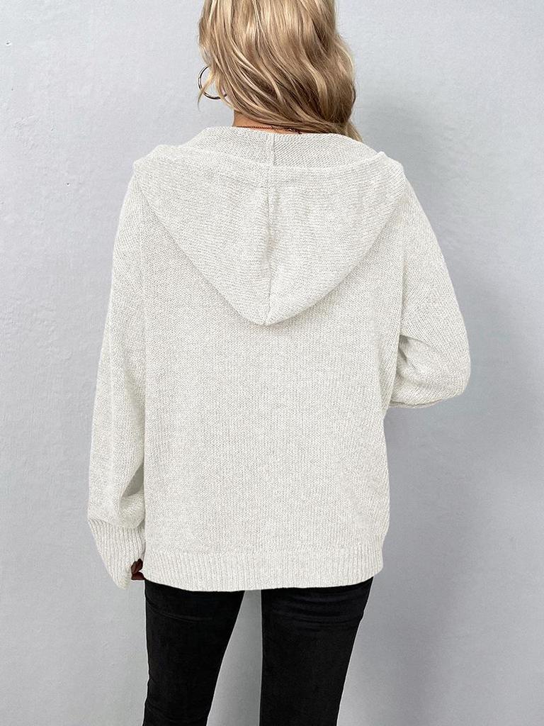 Autumn Women's Hooded Knit Cardigan: Single-Breasted, Solid Color with Drawstring.