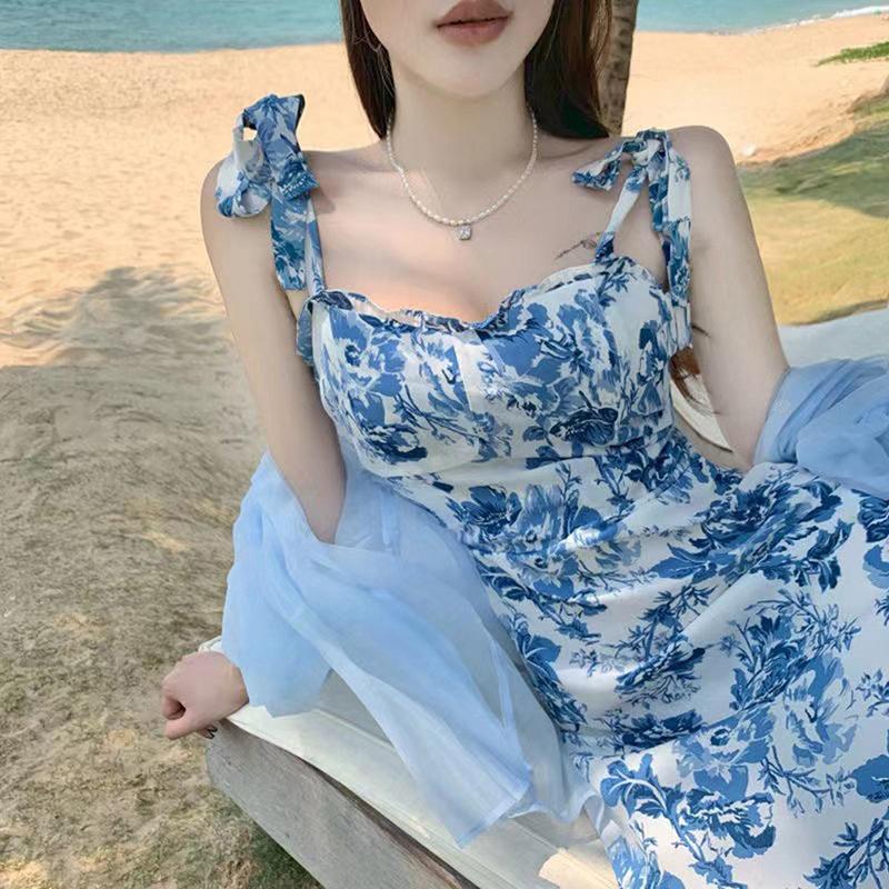 2023 Summer Women Vintage Flower Sling Dress Bow Tie Strap Flat Collar Sleeveless Backless Ladies Clothes A-Line Dress