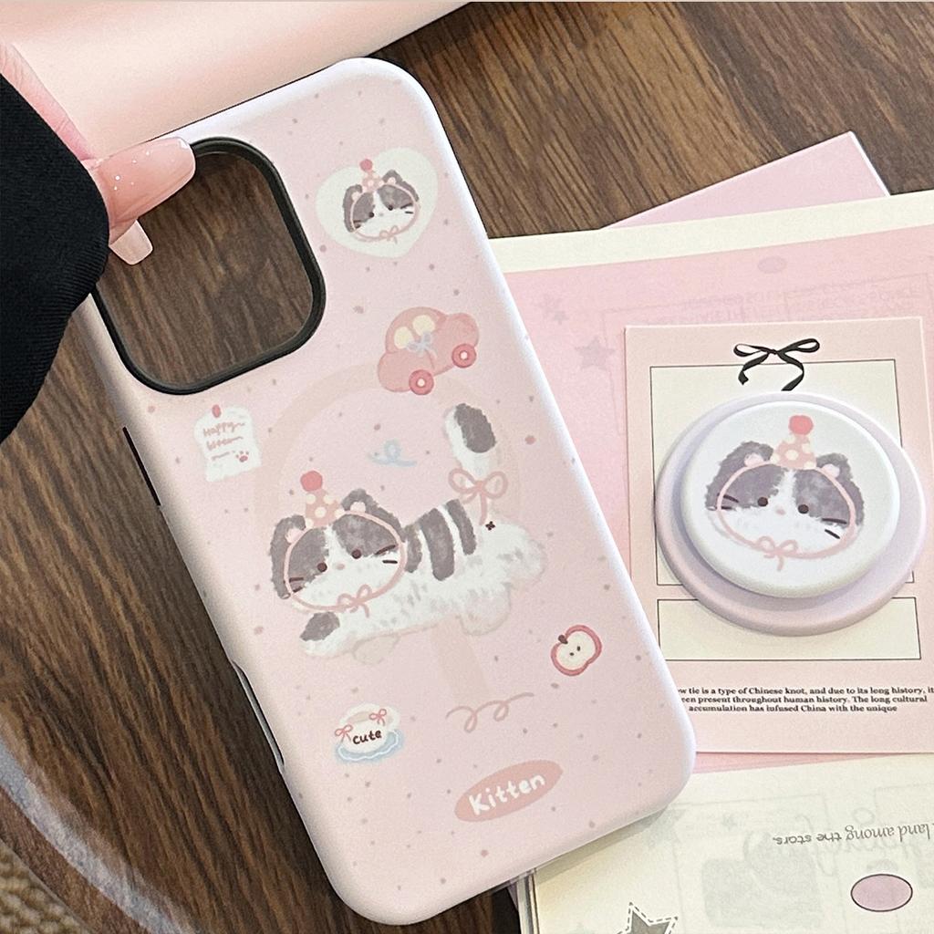 Cute Pink Cat Magnetic Stent Apple IPhone 16 Suitable for 13 Philly Phone Case 15 Promax Korean 14