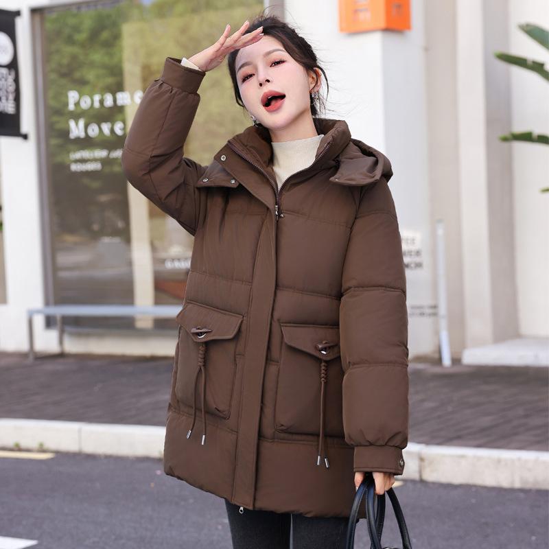 

Женская зимняя пуховая куртка 2025 корейская версия новой женской модной повседневной утолщенной теплой куртки средней длины с капюшоном XXXL кофейный