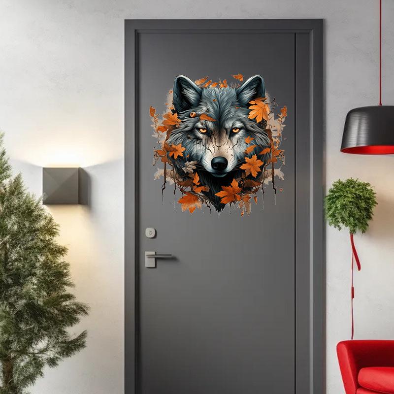 Thanksgiving Maple Leaf Wolf Head Stickers Self Adhesive Wall Decoration for Bedroom Door Bedhead Background Home Decore