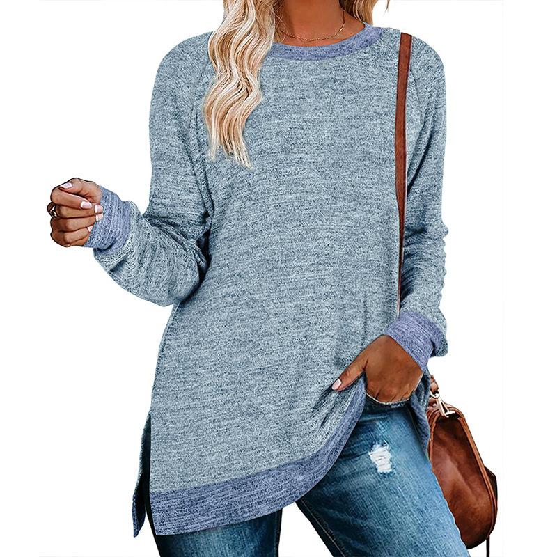 2026 New Long-Sleeve Round-Neck Color-Block Slit Top for Women, Loose Casual Pullover T-Shirt