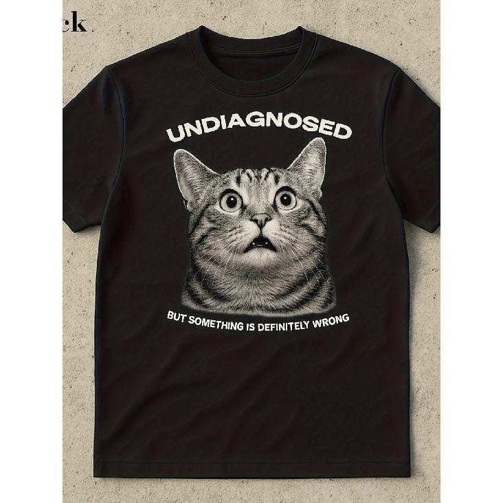 Humorous T-Shirt Featuring an Undiagnosed Cursed Cat Meme - Ironic Print of a Tabby Cat'S Face with The Phrase 'Undiagnosed But Something'S Off',