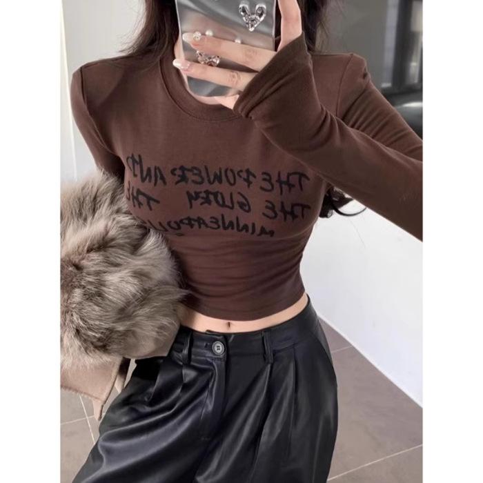 

[High Elastic Ribbed German Velvet] Spice Girl Printed Long Sleeve T-Shirt Slim Versatile Crew Neck Bottom Shirt with Women s Top Inside XL коричневий