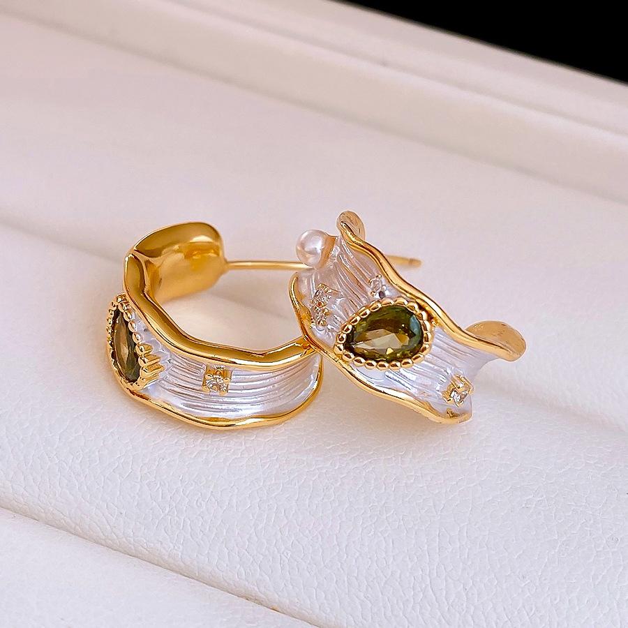 Vintage zircon drip oil C-shaped pearl stud earrings French versatile earrings women