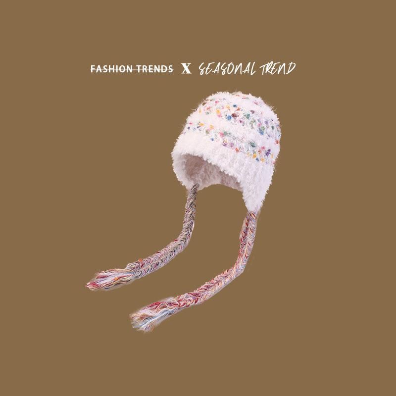 (Sister Vine) Warm in autumn and winter Color snowflake velvet hand-woven lace-up female cute knitted hat