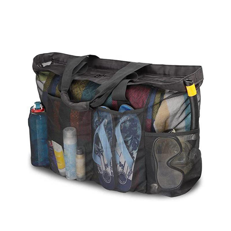 Oversized Beach Tote Tote With Pockets Mesh Large Beach Tote Bag 8 Pockets Nylon Beach Towel Bag External Zipper Beach Tote