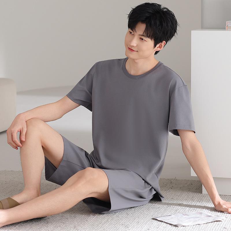 Pure cotton pajamas men's summer breathable simple thin round neck pullover loungewear loose casual short-sleeved shorts set