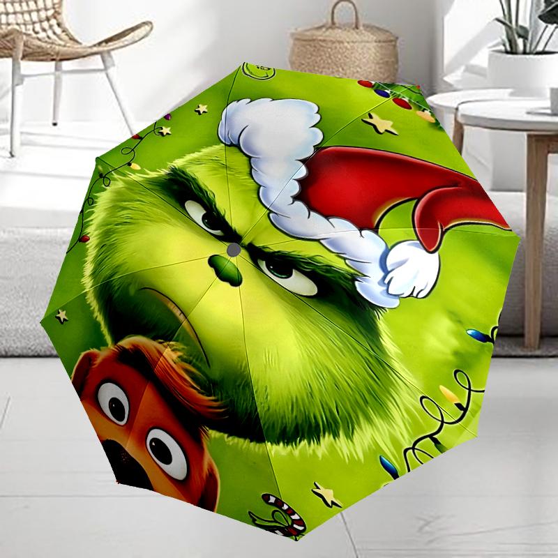 Umbrelă Automată cu Tematică Grinch, Ușoară și Portabilă, 8 Nervuri, Perfectă pentru Călătorii în Aer Liber, Zile de Naștere, Crăciun, Cadouri.