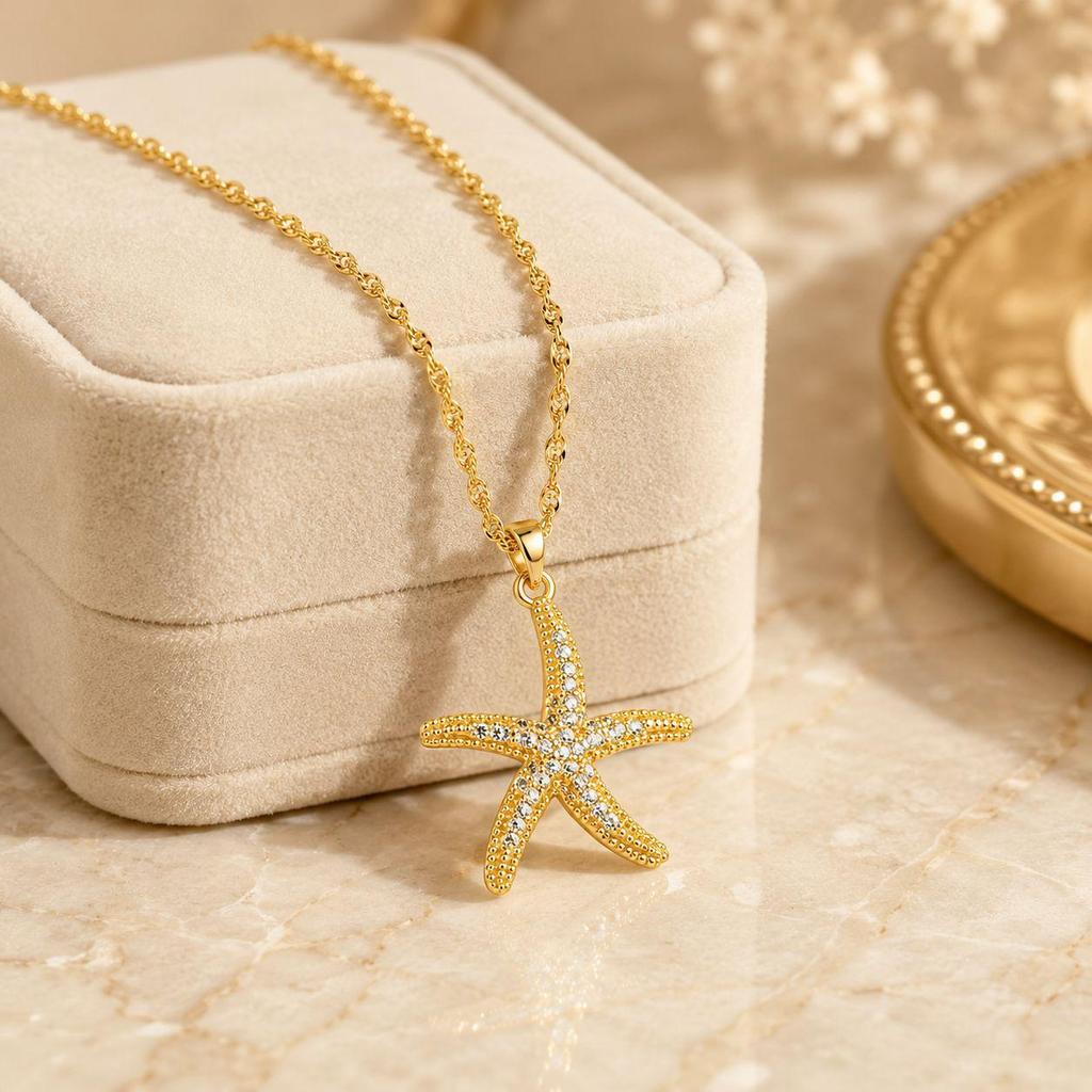 New Luxury Starfish Pendant Necklace: Copper-Plated with 18K Gold, Zircon Inlay, Simple Clavicle Chain