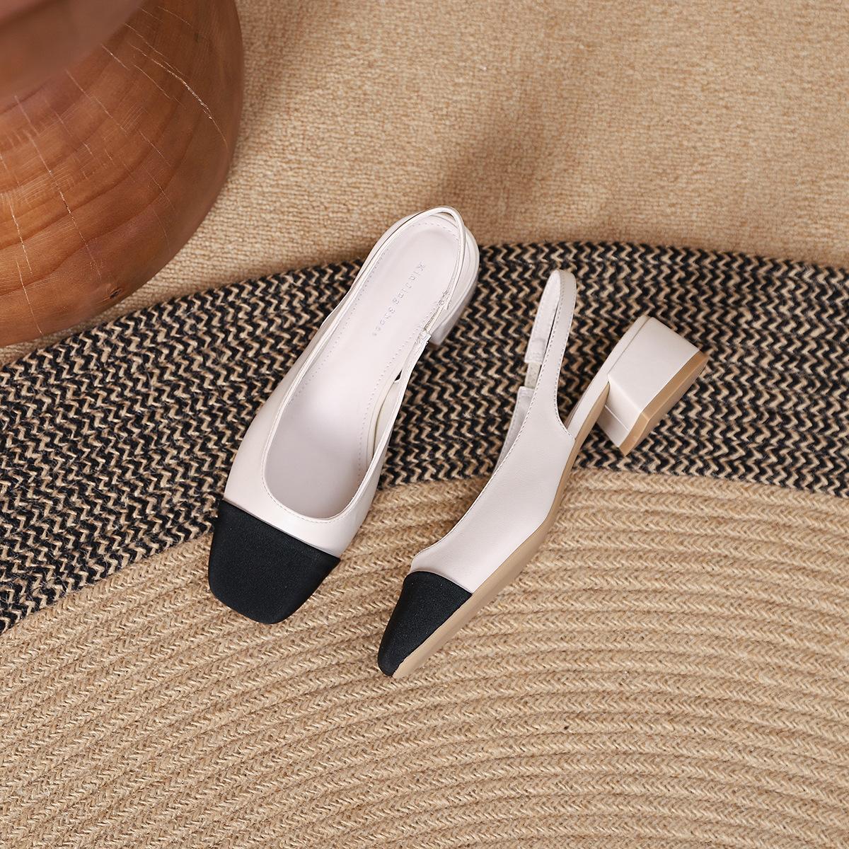 

3368-2 retro classic square head middle heel single shoes new thin shoes bag head back empty color matching thick heel single shoes 35