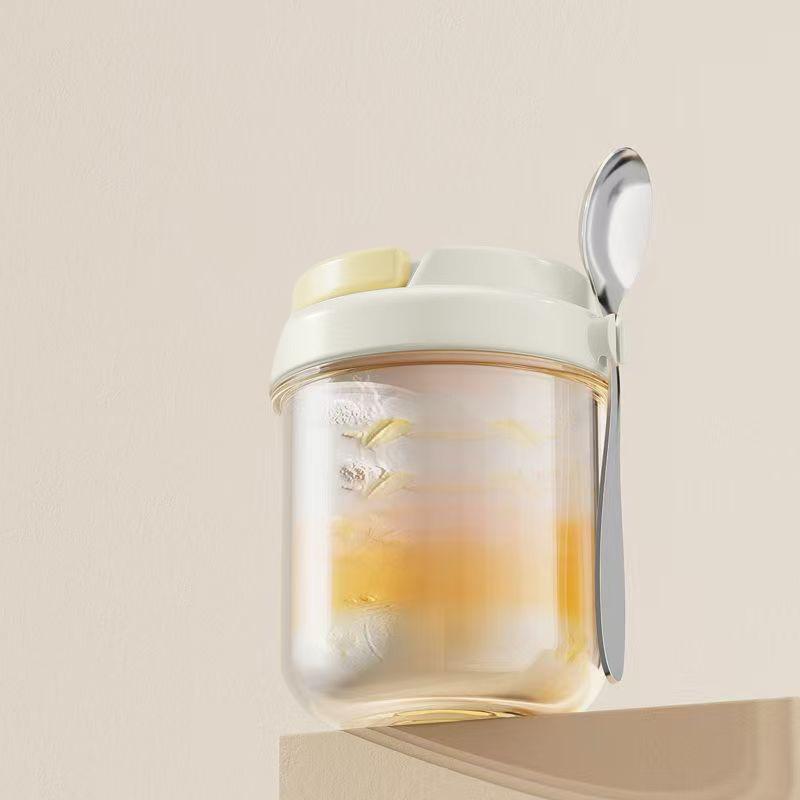 Food Safe Thick Glass Overnight Oats Cup Leakproof Lid Stainless Steel Spoon Reusable for Breakfast Chia Pudding Camping Trips