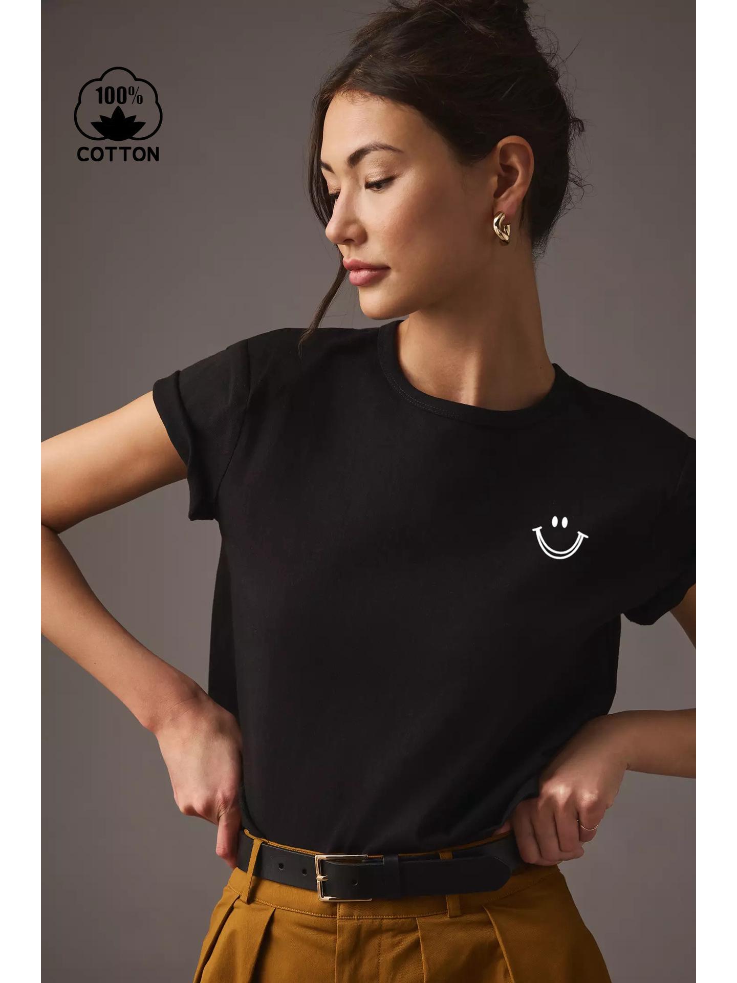 Women s Smiley Print Cotton Crew Neck T-shirt - European & American Style Casual Short Sleeve M