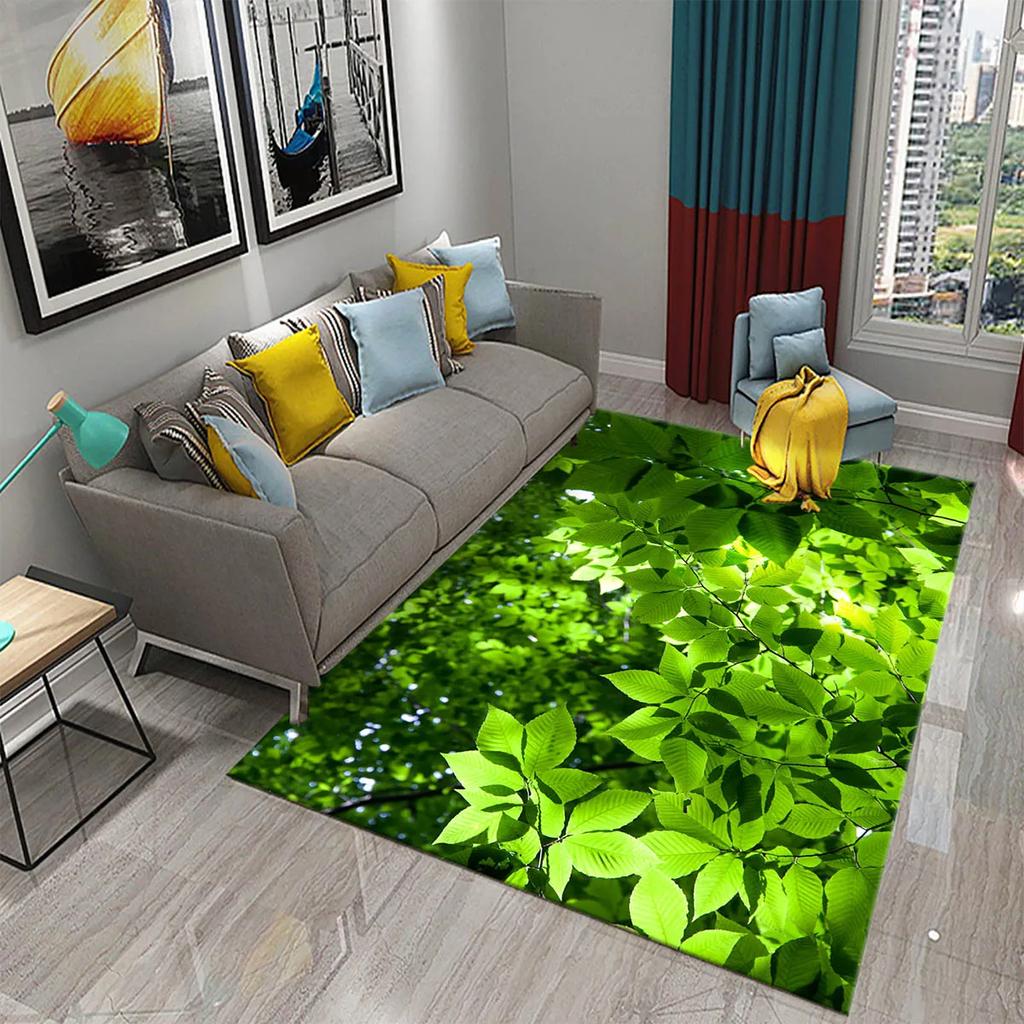 Green Leaves Carpet Natural Landscape Rug Black Rectangle Area Rugs for Adults Yoga Mats Bedroom Living Room Decor Soft Door Mat