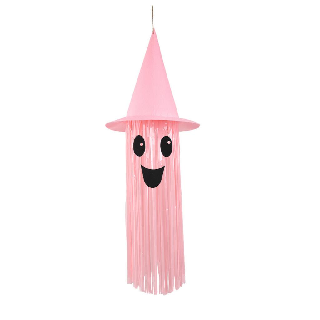 Halloween Light Up Smiling Ghost Hanging Decoration with Witch Hat Long Fringe Design for Indoor Outdoor Party Use