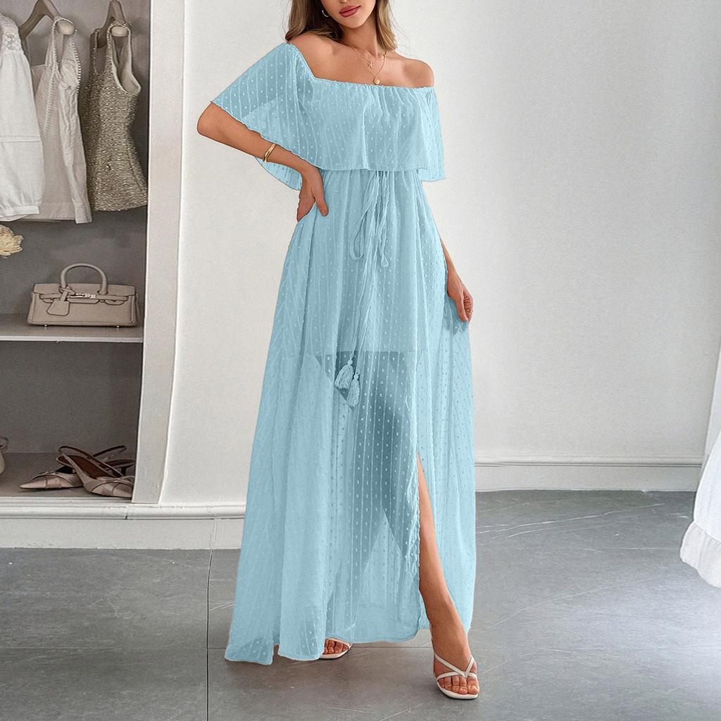 Women Off Shoulder Bohemian Style Short Sleeve Maxi Dress Lightweight Sheer Overlay Summer Beachwear Casual Long Dress