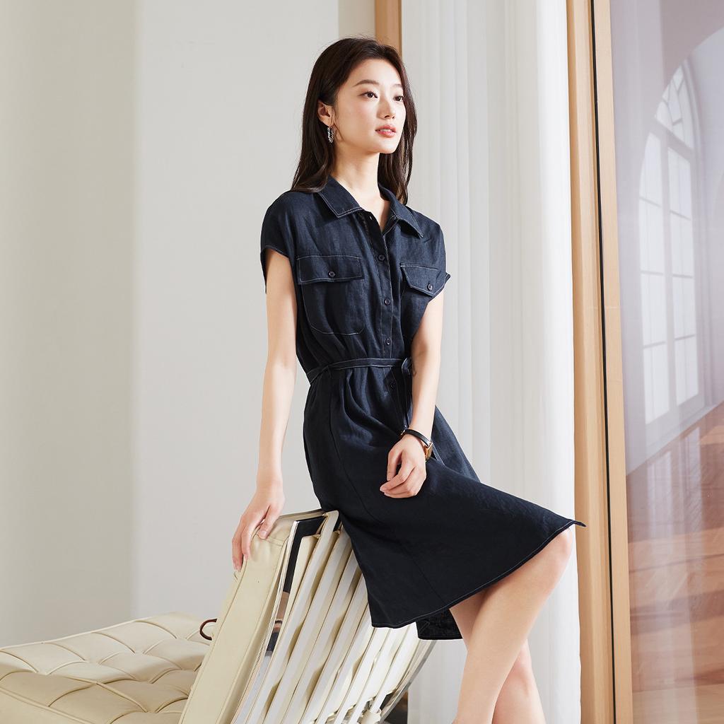 Flip Collar Single Breasted Lace Up Linen Dress