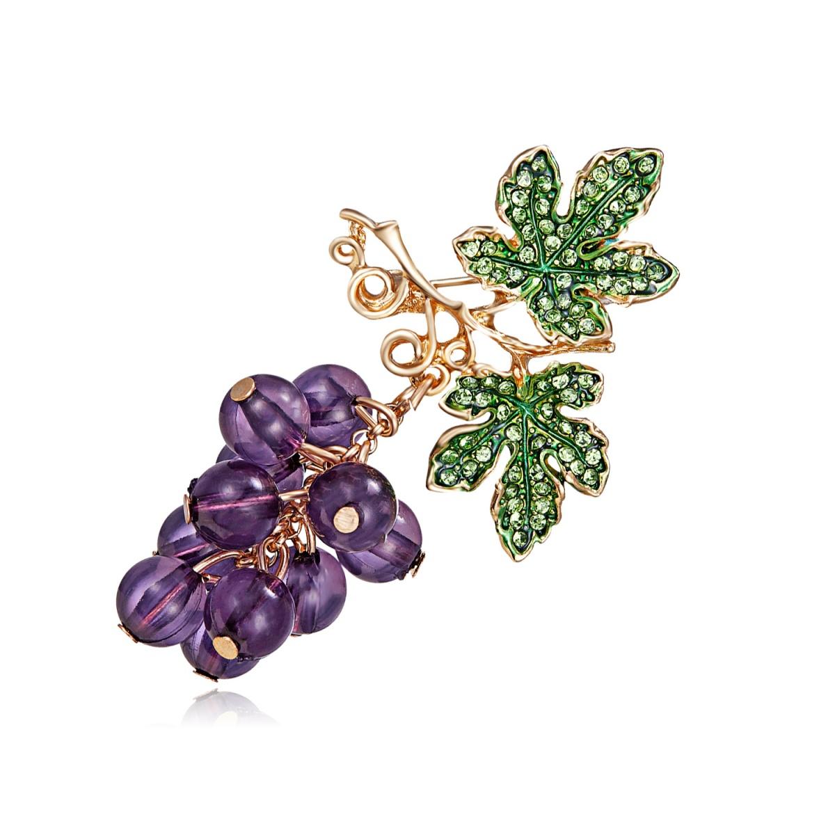 

Creative Purple Crystal Beads Grape Brooches For Women Men Elegant Green Rhinestone Leaf Fruit Casual Pins Plant Badge Jewelry