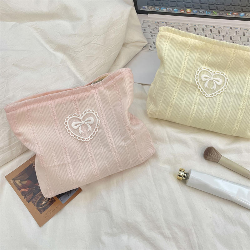 Beautiful INS Simplicity Cosmetic Bag Sweet Embroidery Bow Striped Makeup Case Portable Travel Earphone Cable Storage Bags