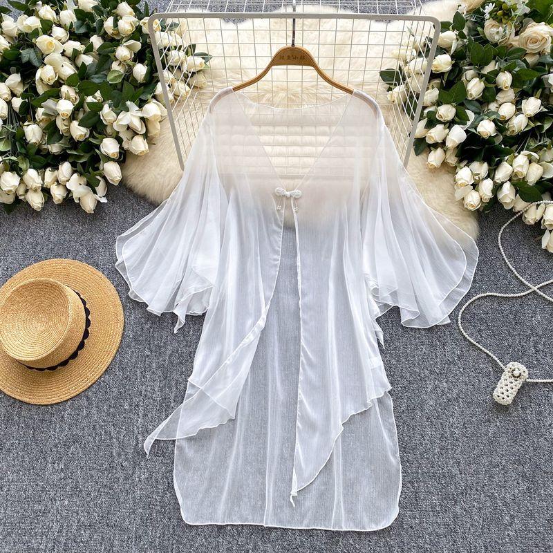 

Gentle Style Outdoor Thin Bell Sleeve Mesh Outerwear Women 2025 Summer Sweet Vacation Shawl Irregular Cardigan White All yards